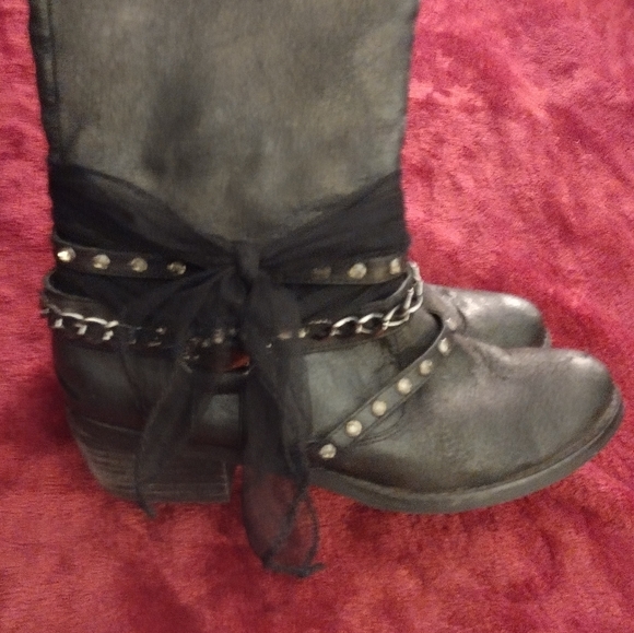 Black Knee-High Boots with Chain, Rhinestone and Strap Details - Picture 7 of 15